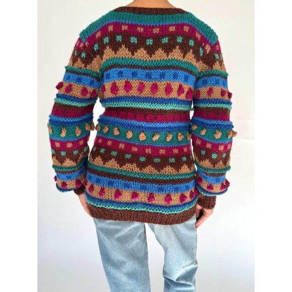 90s vintage multicolor striped polka dot pom poms textured chunky knit sweater - Picture 6 of 9